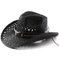 Ethnic black woven straw cowboy hat with silver bull head ornament and leather band - M (56-58cm) / Black