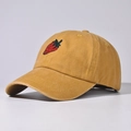 Detailed view of red strawberry embroidery on mustard yellow cotton baseball cap - Adjustable / Strawberry Yellow