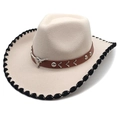 Cream western cowboy hat with longhorn skull leather band and stitched brim detailing - M (56-58cm) / Beige