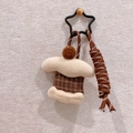 Brown plaid and beige plush doll keychain charm with brown braided nylon rope - Cake