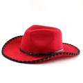 Classic red wool felt western cowboy hat with black edge stitching and leather band - M (56-58cm) / Red With Black Edge