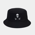 Détail de la broderie crâne blanc sur un bob en coton noir de style urbain - Broderie Geste Main Crâne (5# Noir)