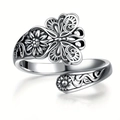Exotic Bohemian butterfly and flower relief open adjustable vintage ring in silver finish - Butterfly Style / Silver