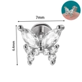 Silver butterfly labret stud with white zircons and size markings of 7mm by 6.4mm - Butterfly Shape Style (#8)
