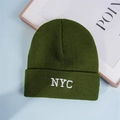 Detailed view of army green knitted beanie with white NYC letter embroidery on the cuff - One Size / Army Green