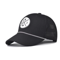 Black laser-cut trucker hat with round logo patch and decorative cord detailing - Adjustable / Black