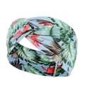 Detail of blue tropical floral yoga headband featuring a stylish front knot design - Blue Background Tropical Floral Leaves (22)