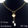 Golden stainless steel heart necklace with shell inlay and natural pearl tassels - Heart Style (KN286408-HM)