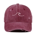 Detail of embroidered white wave pattern on maroon washed cotton baseball cap - One Size / Burgundy
