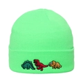 Close-up of three dinosaur embroideries on neon green knit beanie cuff detail - M (56-58cm) / Fluorescent Green