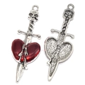 Pendenti gotici a forma di spada con teschio in argento antico e cuore rosso - A4-002-Spada Teschio Cuore Rosso / Rosso