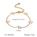 Detail view of gold flower bracelet with pearls including 17cm length and weight specs - Pearl Flower Bracelet (HC-B20224)