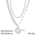 Double-layered silver coin necklace with curb and paperclip chain details - Double Layer Length 45cm+50cm / Steel Color (KN251309-Z)