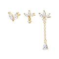 Detail of three-piece gold earring set featuring marquise zircon and star motifs - Gold Leaf Teardrop Tassel Earring Set (#60)