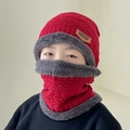 Winter thermal knit hat and neck warmer set in dark red with thick grey faux fur lining - Kids / 2-Piece Set (Hat + Scarf) / Red