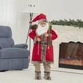 Classic red velvet Santa doll holding wooden skis and a burlap gift bag for Christmas decor - 120cm