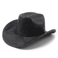 Dettaglio di un cappello da cowboy con paillettes nere lucide e tesa larga classica - Stile Paillettes Nere a Cima Piatta