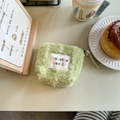 Mini green faux fur cosmetic bag with embroidery and zipper closure for storage - Plush Green Stripes
