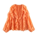 Fashionable bright orange layered ruffle blouse with V-neck and long puff sleeves - XS / Orange Red
