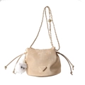 Beige drawstring bucket bag with gold chain strap and fluffy pompom charm accessory - Khaki With Pendant