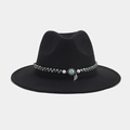 Detail of black wool fedora featuring bohemian turquoise beads and silver leaf pendant - M (56-58cm) / Turquoise Leaf Pendant Style