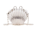 Chic silver shell-shaped mini metal evening bag with glossy finish and pearl bead chain - White Shell Silver