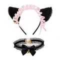 Pink and black furry cat ears headband and bell collar set for cosplay accessories - Black Cat Ears with Pink Lace + Lace Choker