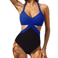 Sexy blue and black cross halter monokini with tummy control ruched waist detailing - S / Royal Blue + Black