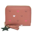 Short zipper wallet in dusty rose with heart embroidery and tassel star charm - Deep Pink