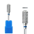 Close-up of OMWGY21 tungsten carbide nail drill bit with cross-cut texture and case - Blue Ring Long Taper Drill Bit (OMWGY21)