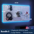 White modular pegboard wall organizer set with blue LED lighting and storage hooks - Combo Package E - White
