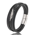 Pulsera multicapa de cuero negro trenzado con colgante de pluma plateada y cierre de imán - 23CM / Color Acero