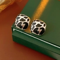 Macro view of square leopard print earrings on a green jewelry box with leather background - Silver