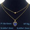 Double-layered gold titanium necklace with blue heart evil eye pendant and gold bead - 金蓝(KN283026-TJG)