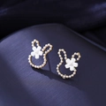 Sweet rabbit-shaped 925 silver plated stud earrings with faux pearls and white flower - White