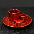 Red ceramic incense burner set with cylindrical holders and star stand on a round plate - Kiln Glaze Red