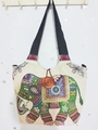 Ethno-Stofftasche aus Canvas mit buntem Elefanten-Stickerei und Holzknopf-Detail - Stil 5-Beige Bunter Elefant