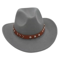 Detail of grey wool fedora hat featuring a brown faux leather band with silver metal studs - One Size / Light Gray