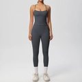 Detail of charcoal grey seamless yoga set featuring slim strap top and high waist leggings - Graphite Grey