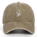 Detailed close-up of ghost skateboarder embroidery on washed khaki cotton baseball cap - Adjustable / Khaki