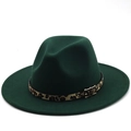 Dark green wool fedora hat with wide flat brim and classic leopard print band detail - M(56-58cm) / Dark Green