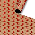 Brown kraft gift wrapping paper with red Christmas reindeer pattern in roll and flat view - Kraft Red Christmas Reindeer