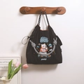Black canvas tote bag with embroidered bear design and stylish checkered handle - Black Bear Flute (No Strap)
