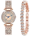 Luxurious rose gold quartz watch set with rhinestones and matching heart bracelet - Rose Gold + Bracelet