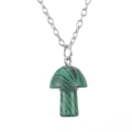 Close-up of a 2cm green and black striped mushroom pendant with a silver metal chain - Synthetic Malachite