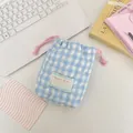 Quilted blue checkered camera bag with heart pattern and pink drawstring detail - Light Blue Plaid