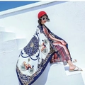 Ethnic style sun protection beach shawl with vintage carriage and gold chain print in navy blue - Retro Carriage Chain (Ethnic Style-17)