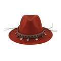 Close-up of rust wool felt hat with ethnic embroidery, silver coins and metal bead chain - 58cm / Brick Red