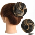 Messy bun hair piece with drawstring in 1BH27 black and golden blonde highlight color - Black Strawberry Blonde (1BH27)