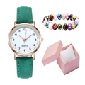 Set regalo orologio al quarzo da donna con cinturino verde in finta pelle e bracciale a perle - Verde + Braccialetto + Scatola